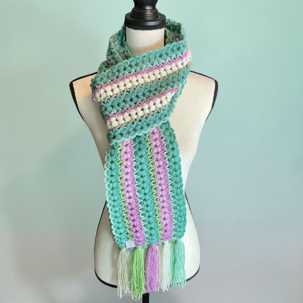 Handmade Multicolor Crochet Scarf Women OS Caron Skinny Cakes Cupcake Tassel